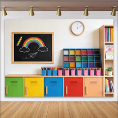 Lofaris Colorful Classroom Photography Backdrop with Rainbow and Lockers, Educational School Decor for Student Photoshoot