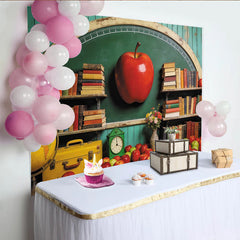 Lofaris Green Chalkboard Back to School Photography Backdrop with Books and Red Apple, Vintage Classroom Background for Studio Photoshoot