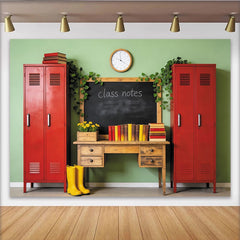 Lofaris Vintage Classroom Photography Backdrop with Red Lockers and Blackboard, School Theme Photo Background for Back to School Pictures