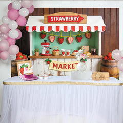 Lofaris Cute Strawberry Market Photography Backdrop with Wooden Stall and Fresh Fruit, Rustic Farm Stand Background for Kids Photoshoot