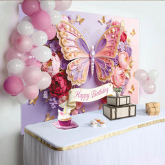 Lofaris Pink Purple Butterfly Floral Birthday Backdrop with Pearls and Gold, Elegant Party Background for Girls Celebration