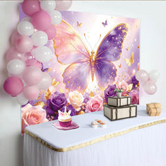 Lofaris Elegant Glitter Pink Purple Butterfly Floral Photography Backdrop, Dreamy Rose Flower Background for Girls Birthday Party Decor