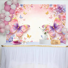 Lofaris Dreamy Pink Purple Butterfly Floral Photography Backdrop with Gold Glitter, Watercolor Flower Background for Studio Photoshoot