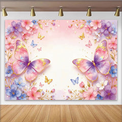 Lofaris Dreamy Pink Purple Butterfly Floral Photography Backdrop with Gold Glitter, Watercolor Flower Background for Studio Photoshoot