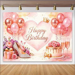 Lofaris Pink Rose Gold Birthday Backdrop with Balloons, Cake and Crown, Elegant Party Decor for Women and Girls Photoshoot