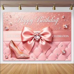 Lofaris Pink Glitter Birthday Backdrop with Elegant Bow and Diamond, Luxurious Quilted Background for Women's Celebration Party Photography