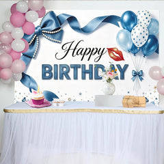 Lofaris Blue Ribbon Birthday Backdrop with Pearls, Balloons and Sparkling Gems, Elegant Party Background for Photoshoot and Celebration