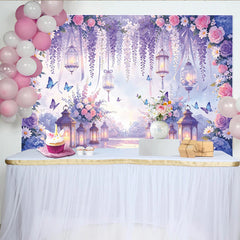 Lofaris Pink Purple Floral Photography Backdrop with Wisteria and Lanterns, Dreamy Elegant Background for Wedding Photoshoot