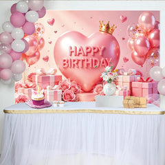 Lofaris Pink Heart Crown Birthday Backdrop with Balloons and Roses, Elegant Party Background for Princess Theme Photoshoot Decor