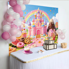 Lofaris Whimsical Pink Castle Candy Land Birthday Backdrop for Girls, Sweet Ferris Wheel Party Decor and Photo Background