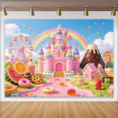 Lofaris Whimsical Pink Castle Candy Land Birthday Backdrop for Girls, Sweet Ferris Wheel Party Decor and Photo Background
