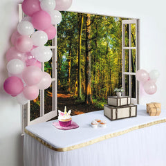 Lofaris Open Window Forest Photography Backdrop with Green Trees and Path, Natural Scenery Background for Studio Photoshoot, Home Decor.