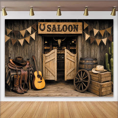 Lofaris Rustic Western Saloon Photography Backdrop with Cowboy Decor, Old West Wood Door Background for Studio Photoshoot