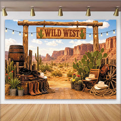 Lofaris Wild West Desert Photography Backdrop with Wooden Arch and Cacti, Cowboy Theme Background for Studio Photoshoot and Party Decor