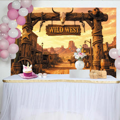 Lofaris Western Photography Backdrop, Rustic Wild West Town Background with Wooden Arch and Desert Landscape for Themed Party Decor
