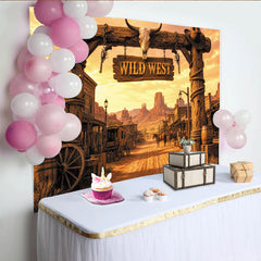 Lofaris Western Photography Backdrop, Rustic Wild West Town Background with Wooden Arch and Desert Landscape for Themed Party Decor