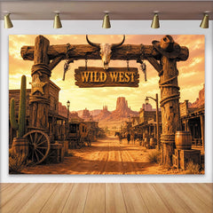 Lofaris Western Photography Backdrop, Rustic Wild West Town Background with Wooden Arch and Desert Landscape for Themed Party Decor