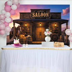 Lofaris Rustic Western Saloon Photography Backdrop with Horse and Sunset, Old West Theme Background for Studio Portrait and Party Decor