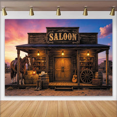 Lofaris Rustic Western Saloon Photography Backdrop with Horse and Sunset, Old West Theme Background for Studio Portrait and Party Decor