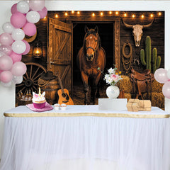 Lofaris Rustic Western Horse Photography Backdrop with Barn Door and String Lights, Cowboy Ranch Studio Background for Portrait Photoshoot