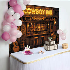 Lofaris Rustic Cowboy Bar Photography Backdrop with Neon Sign and Whiskey Barrels, Vintage Western Saloon Background for Photo Booth Prop