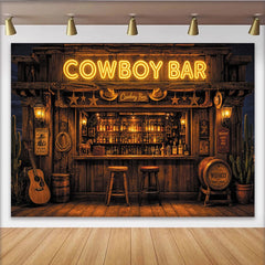 Lofaris Rustic Cowboy Bar Photography Backdrop with Neon Sign and Whiskey Barrels, Vintage Western Saloon Background for Photo Booth Prop