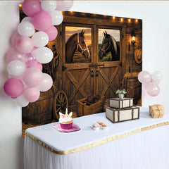 Lofaris Rustic Barn Horse Photography Backdrop with String Lights, Western Farmhouse Studio Background for Photo Booth Props