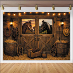 Lofaris Rustic Barn Horse Photography Backdrop with String Lights, Western Farmhouse Studio Background for Photo Booth Props