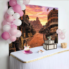 Lofaris Old Western Town Photography Backdrop with Desert Mountains and Sunset Sky, Rustic Cowboy Theme Studio Background for Photo Booth Props