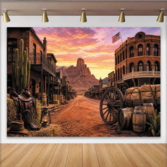 Lofaris Old Western Town Photography Backdrop with Desert Mountains and Sunset Sky, Rustic Cowboy Theme Studio Background for Photo Booth Props
