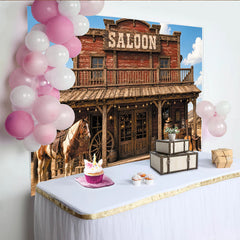 Lofaris Rustic Western Saloon Photography Backdrop with Horse and Cowboy Boots, Vintage Wood Background for Themed Photoshoot