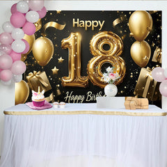 Lofaris Black and Gold 18th Birthday Backdrop with Foil Balloons and Gifts, Elegant Party Background for Photoshoot