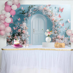 Lofaris Dreamy Pink Floral Arch Door Photography Backdrop with Butterflies, Elegant Studio Background for Romantic Photoshoot