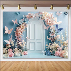 Lofaris Pastel Floral Butterfly Photography Backdrop with Arched Door, Dreamy Studio Background for Photoshoot and Party Decor