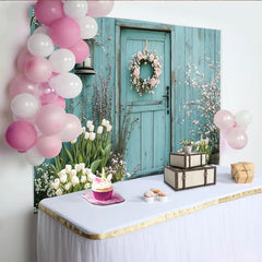 Lofaris Light Blue Wood Door Floral Photography Backdrop with Spring Tulips, Elegant Garden Background for Portrait Photoshoot and Event Decor