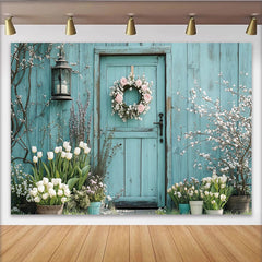 Lofaris Light Blue Wood Door Floral Photography Backdrop with Spring Tulips, Elegant Garden Background for Portrait Photoshoot and Event Decor