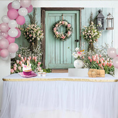 Lofaris Rustic Floral Door Photography Backdrop with Mint Green and Tulips, Elegant Spring Garden Background for Portraits and Events