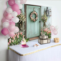 Lofaris Rustic Floral Door Photography Backdrop with Mint Green and Tulips, Elegant Spring Garden Background for Portraits and Events
