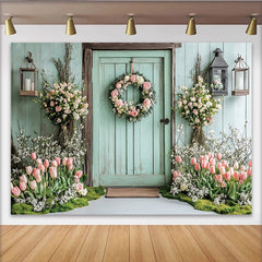 Lofaris Rustic Floral Door Photography Backdrop with Mint Green and Tulips, Elegant Spring Garden Background for Portraits and Events