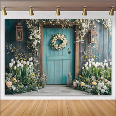 Lofaris Rustic Teal Wooden Door Spring Floral Photography Backdrop, Flower Wreath Background for Studio Photoshoot and Party Decor