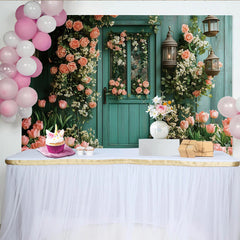 Lofaris Rustic Teal Floral Door Photography Backdrop with Pink Roses and Tulips, Elegant Garden Background for Photoshoot