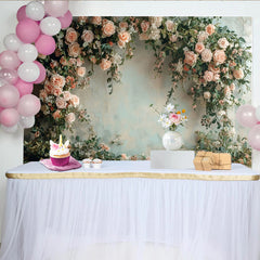Lofaris Elegant Peach Rose Floral Photography Backdrop with Greenery, Romantic Studio Background for Wedding and Portrait Photoshoot