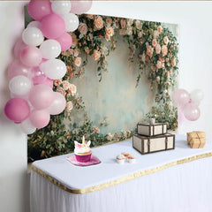 Lofaris Elegant Peach Rose Floral Photography Backdrop with Greenery, Romantic Studio Background for Wedding and Portrait Photoshoot