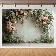Lofaris Elegant Peach Rose Floral Photography Backdrop with Greenery, Romantic Studio Background for Wedding and Portrait Photoshoot