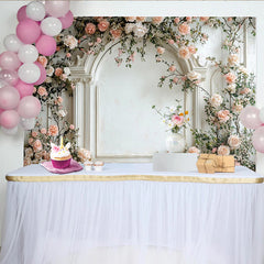 Lofaris Elegant Floral Photography Backdrop with White Arch and Pink Roses, Romantic Studio Background for Wedding or Portrait Photos