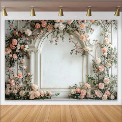 Lofaris Elegant Floral Photography Backdrop with White Arch and Pink Roses, Romantic Studio Background for Wedding or Portrait Photos