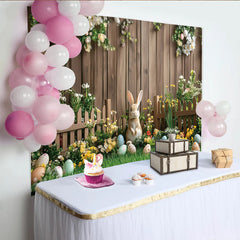 Lofaris Cute Easter Rabbit Backdrop with Colorful Eggs and Spring Flowers, Wooden Fence Background for Holiday Photography.