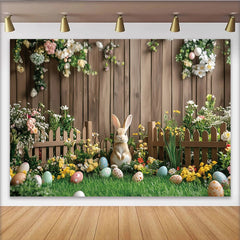 Lofaris Cute Easter Rabbit Backdrop with Colorful Eggs and Spring Flowers, Wooden Fence Background for Holiday Photography.