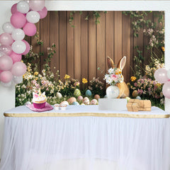 Lofaris Spring Easter Bunny Backdrop with Colorful Eggs and Wildflowers, Rustic Wood Fence Background for Holiday Photoshoot