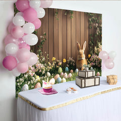 Lofaris Spring Easter Bunny Backdrop with Colorful Eggs and Wildflowers, Rustic Wood Fence Background for Holiday Photoshoot
